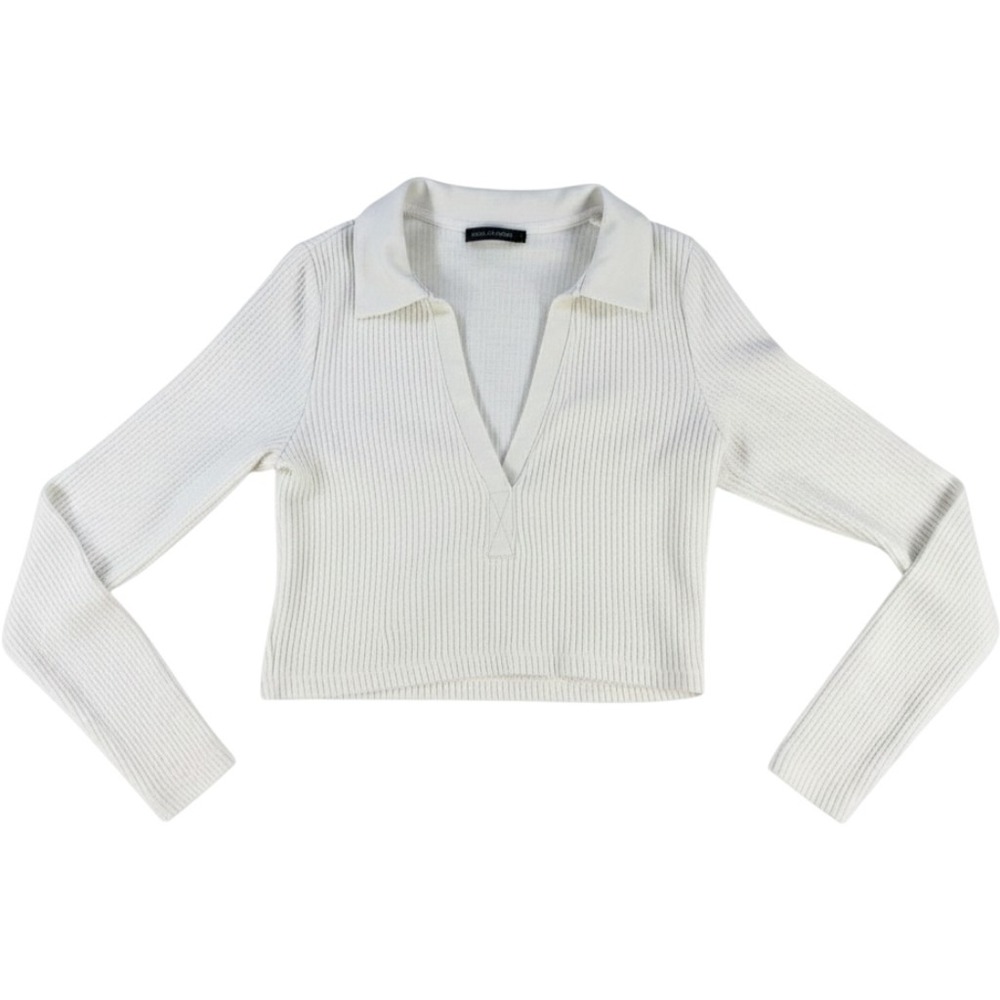 H&M Divided Ribbed Crop Top Long Sleeve V-Neck Polo Collar Cream‎ Medium Women